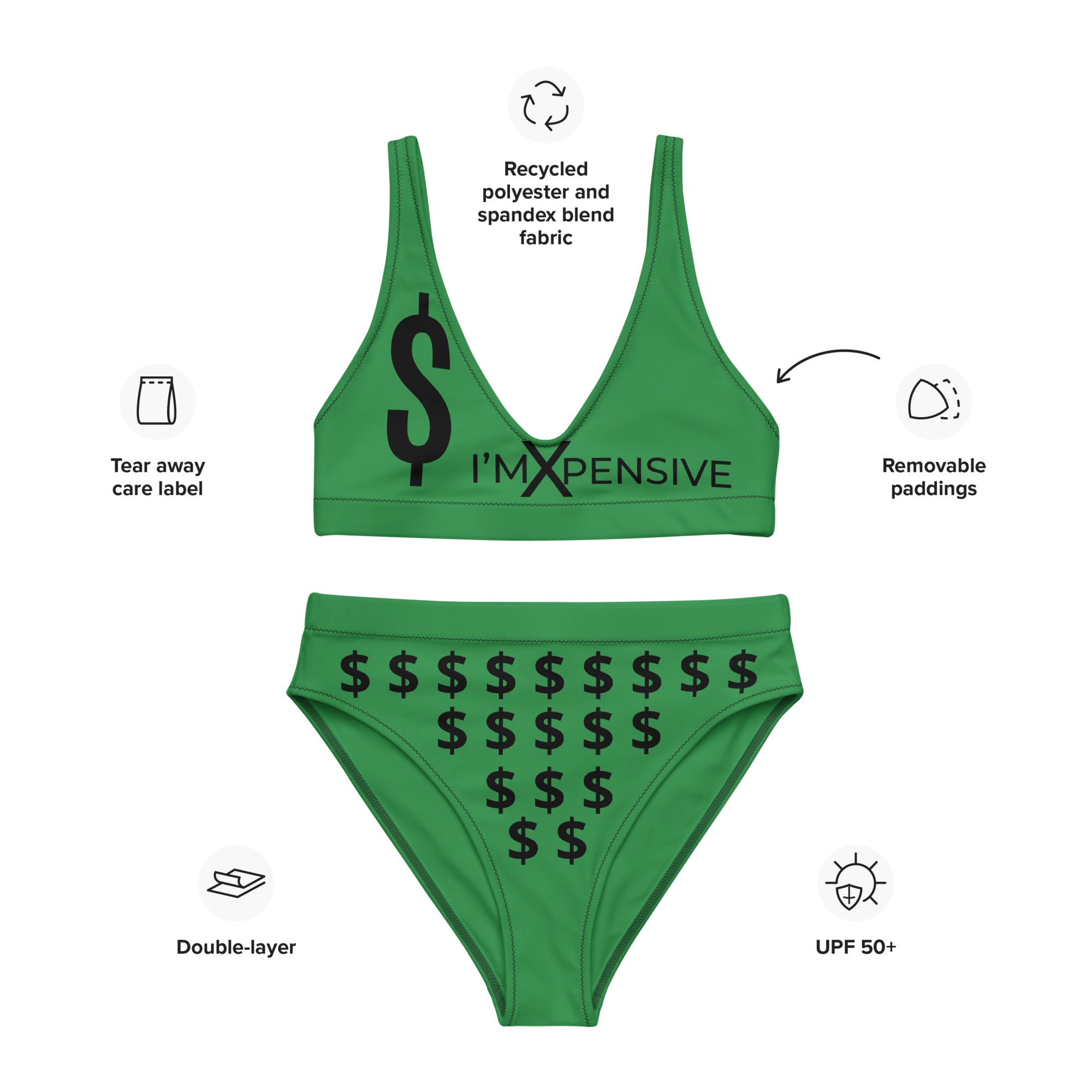 I'm Expensive Dollars Recycled High-Waisted Bikini Money Green